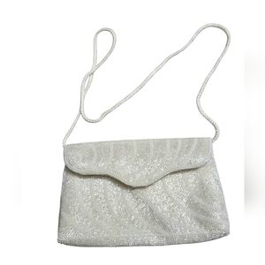 Vintage MAGID Beaded Flap Front Crossbody/Shoulder Clutch Purse In White. NWOT
